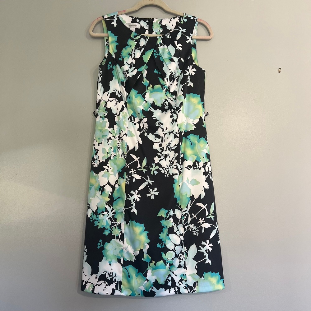 Dressbarn Teal Green Floral Pleated Sheath Dress 8 Black garden party career